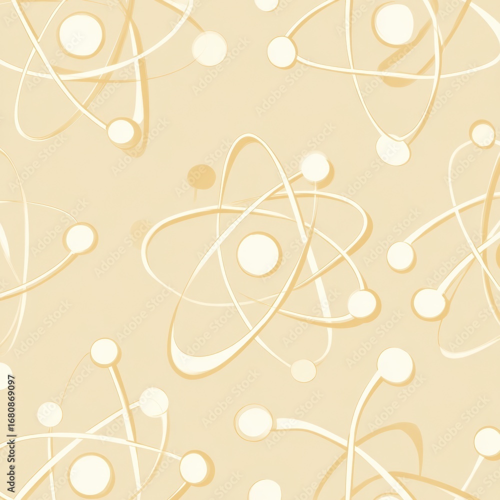 Poster atomic structure pattern in soft beige tones showcasing interconnected atoms and cosmic elements for