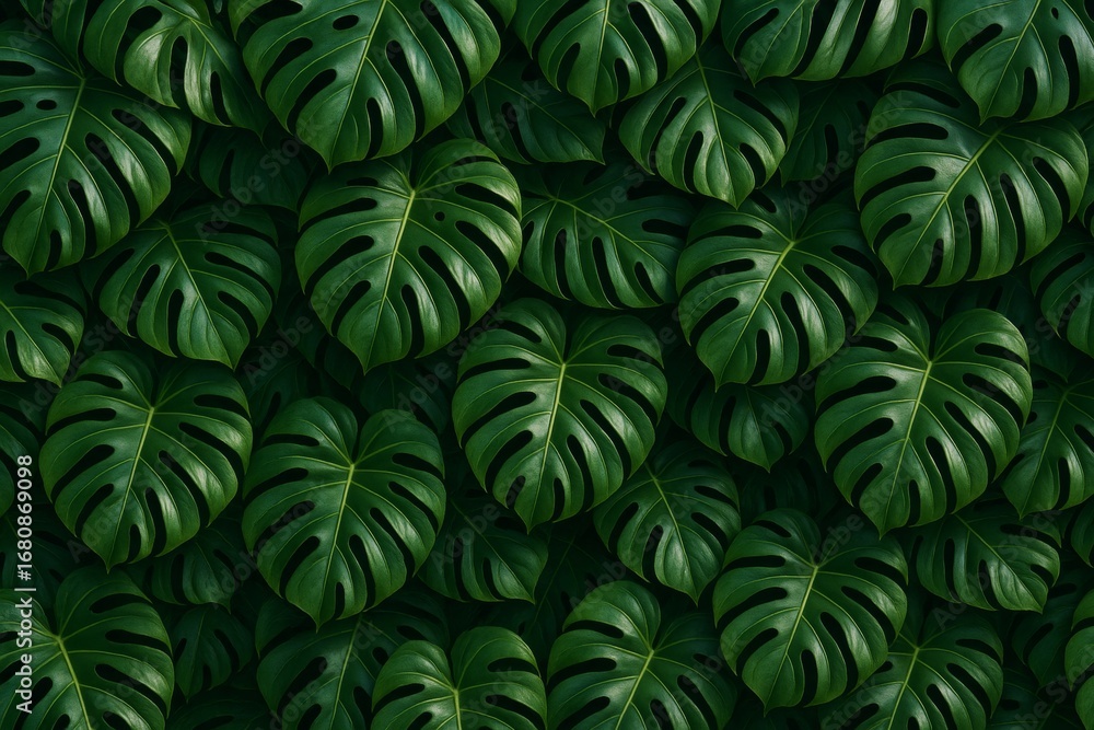 Poster seamless pattern of monstera leaves with natural light and shadows creating a lush tropical abstract