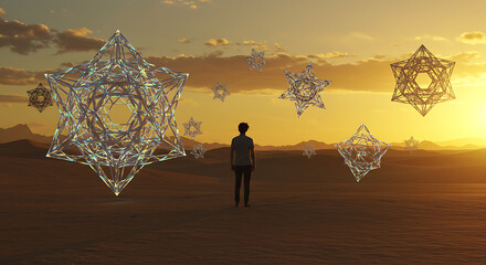 Man staring at geometric shapes floating in serene desert
