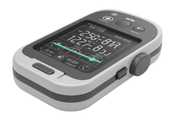 Isolated handheld device with gray screen, digital interface, control buttons and rounded edges