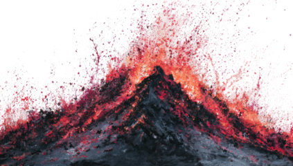 Fiery volcanic eruption, with a dark gray mountain peak and a vibrant eruption of hot, reddish-orange lava and plumes of white-pink ash