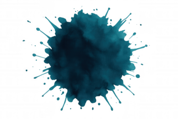 Abstract dark turquoise watercolor splash with dynamic splatters and drips, creating a vibrant and textured artistic element on a transparent background