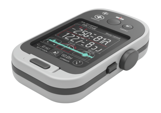 Isolated handheld device with gray screen, digital interface, control buttons and rounded edges