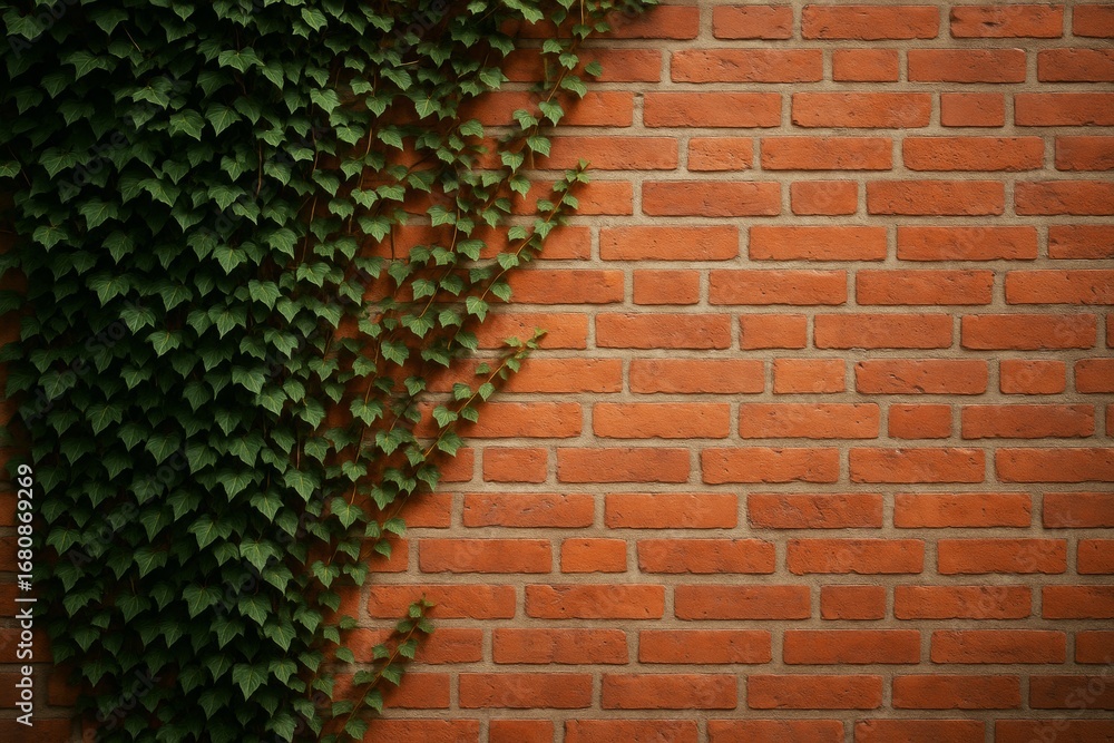 Poster lush green ivy climbing on a red brick wall with soft natural light, showing contrast between nature