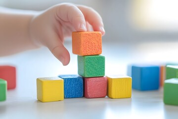 child's hand grasping colorful toy block, clean white surface, playful and clear layout 
