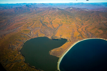 Aerial view. The northern coast of Russia's Primorsky Krai. Golden autumn in the Far East.