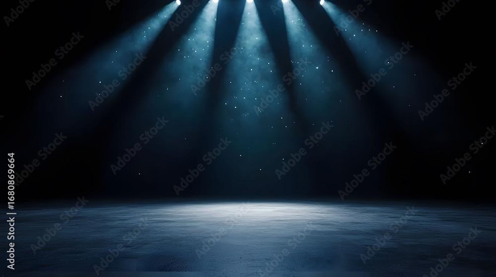 Poster a dark empty stage is illuminated by several bright spotlights shining down, creating a dramatic and