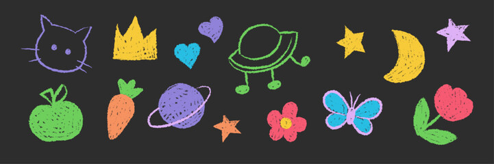 Playful hand drawn chalk textured doodle elements. Crayon, pencil cat face, crown, hearts, planet, flowers, butterfly, stars, moon and vegetables.