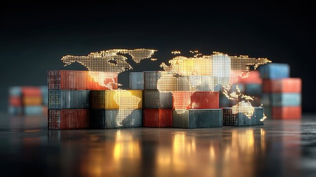Stacked Shipping Containers with Illuminated World Map