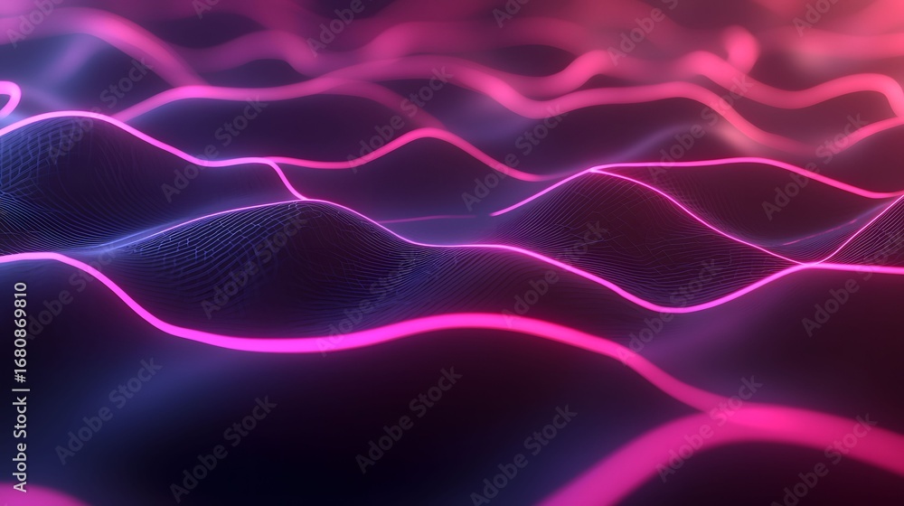 Poster the image features an abstract representation of undulating terrain illuminated by pink and purple n