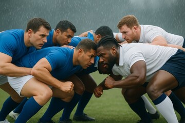 Intense rugby match face-off between two determined teams in the rain on a grassy field under overcast sky, symbolizing sports rivalry and unity. Ai generative