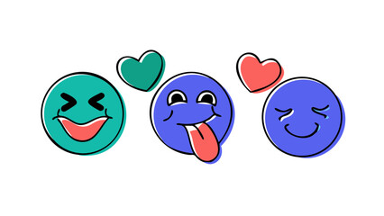 Hand drawn emoji faces with hearts cartoon illustration