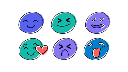 Hand drawn emoji faces with varied expressions cartoon