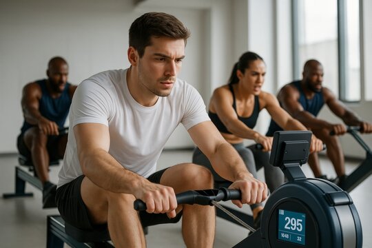 Focused group of athletes training on rowing machines indoors during a fitness workout session in a well-lit modern gym environment. Ai generative