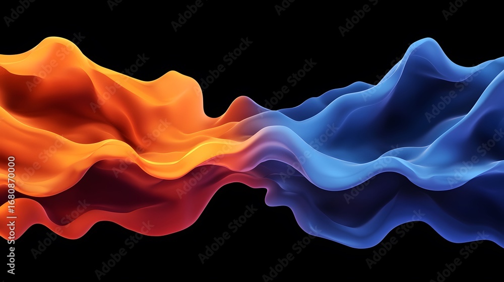 Poster the image features an abstract composition with an orange and red flowing form on one side and a blu