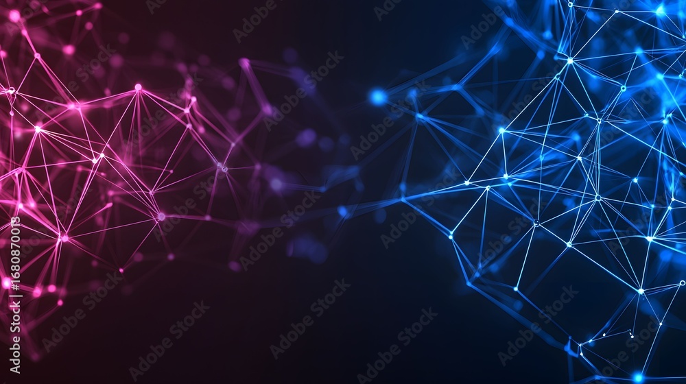 Poster the image displays a network of interconnected nodes and lines, with a gradient of pink and purple o