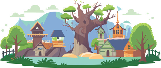Naklejka premium A cartoon illustration featuring a colorful house surrounded by green trees against a clear blue sky