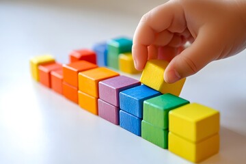 Obraz premium child's hand grasping colorful toy block, clean white surface, playful and clear layout 