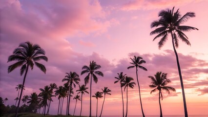 Serene Tropical Landscape with Palm Trees Against a Colorful Sunset Sky in Soft Pink and Purple Hues