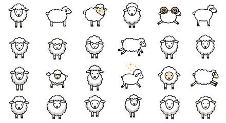 Collection of twenty four cartoon sheep in various poses on a white background in a vector format