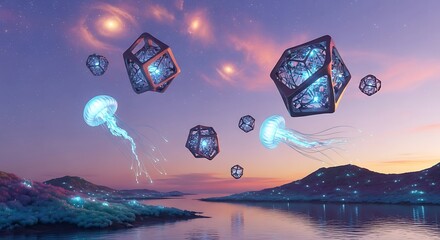 Floating Dice and Jellyfish in a Mystical Landscape.