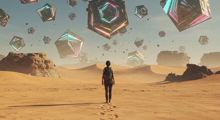 Woman hiking through surreal desert landscape, abstract shapes
