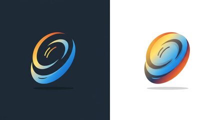 Abstract circular logo design with blue orange gradient on dark and light backgrounds presented side by side