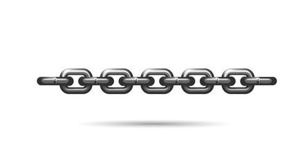 A metallic chain with five links connected horizontally isolated on a white background with a subtle shadow