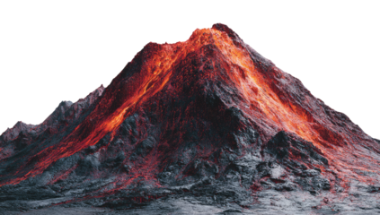 Volcanic mountain peak erupting, fiery lava flows
