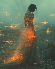 Silhouetted Figure in Flowing Dress with Glowing Orange and Golden Sparkles in Mist