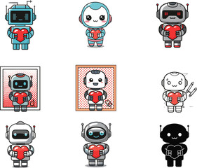 Kawaii Robots Holding Hearts, Cute Love Bot Vector Set, Futuristic Cartoon Characters for Valentine’s Day, Romantic Tech Illustration Design