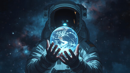 Astronaut Gently Holds Glowing Earth, Space Exploration, Futuristic, Hopeful, Digital Art