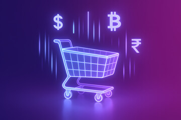 Neon Shopping Cart: Global Currency, Digital Payments, Futuristic E-commerce Concept