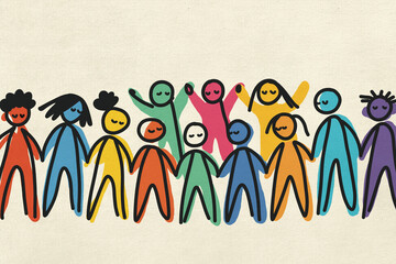 Colorful illustration of a diverse group of happy children together