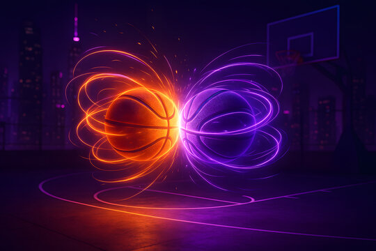 Dynamic Neon Basketball Duel: Cityscape Night Game, Energetic, Abstract.