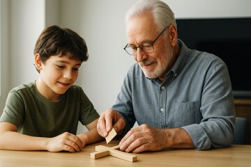 Grandfather and boy bonding while playing with wooden puzzle on table in cozy room with soft light and neutral background. Ai generative. Ai generative