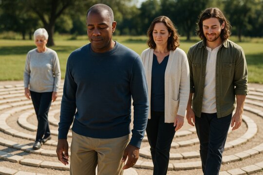 Group of diverse adults walking mindfully in an outdoor labyrinth under natural light, symbolizing meditation, unity, and emotional healing outdoors. Ai generative