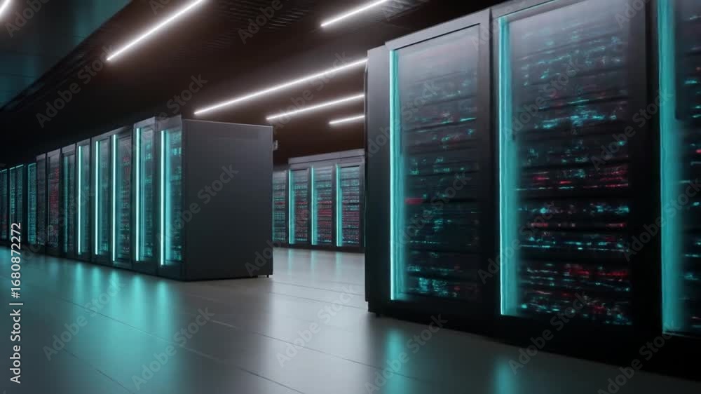 Poster futuristic data center with glowing servers for cloud computing and ai technology