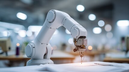 White Robotic Arm Processing Fabric in Factory Setting