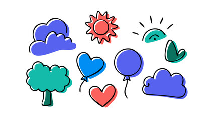 Playful doodle elements with hearts and clouds balloons