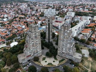 Aerial view of Rudo residential towers and cityscape in Belgrade, Serbia. g.
