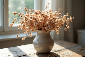 Dried flowers in a white vase on wooden table with natural light  