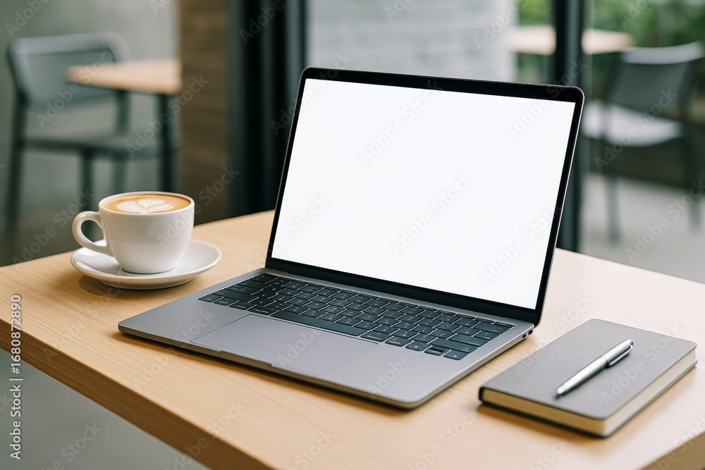 Poster blank laptop screen mockup on wooden table with coffee and notebook in bright cafe interior, ideal f