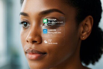 Futuristic smart interface projected over woman's eye showing message, calendar, and weather updates in modern technology concept background. Ai generative