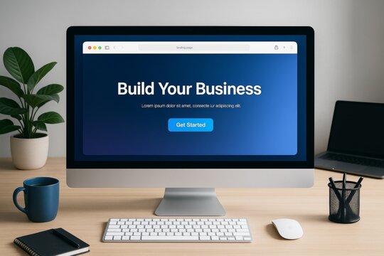 Workspace desktop mockup with computer displaying business website on clean background with keyboard, coffee mug, and plant decor. Ai generative - Powered by Adobe