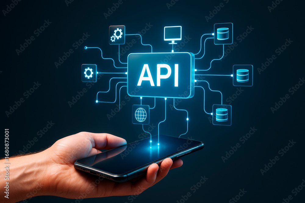 Aufkleber hand holding smartphone displaying glowing api interface with digital connections on dark background
