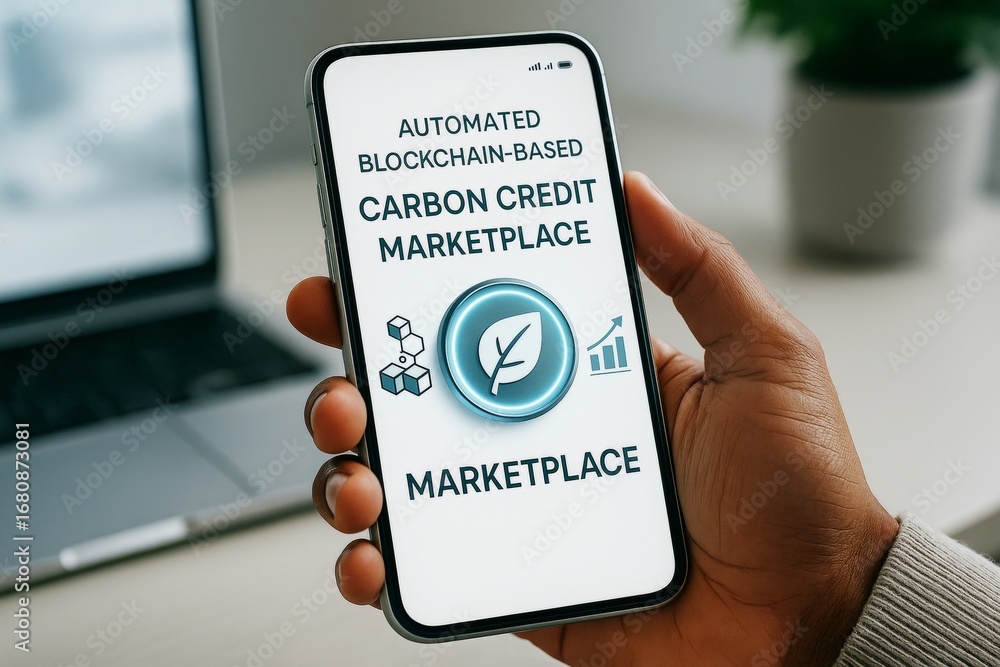 Aufkleber hand holding smartphone displaying blockchain-based carbon credit marketplace app interface with eco