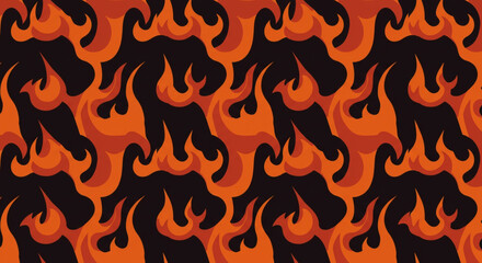A seamless pattern featuring stylized orange and red flames against a dark black background design art