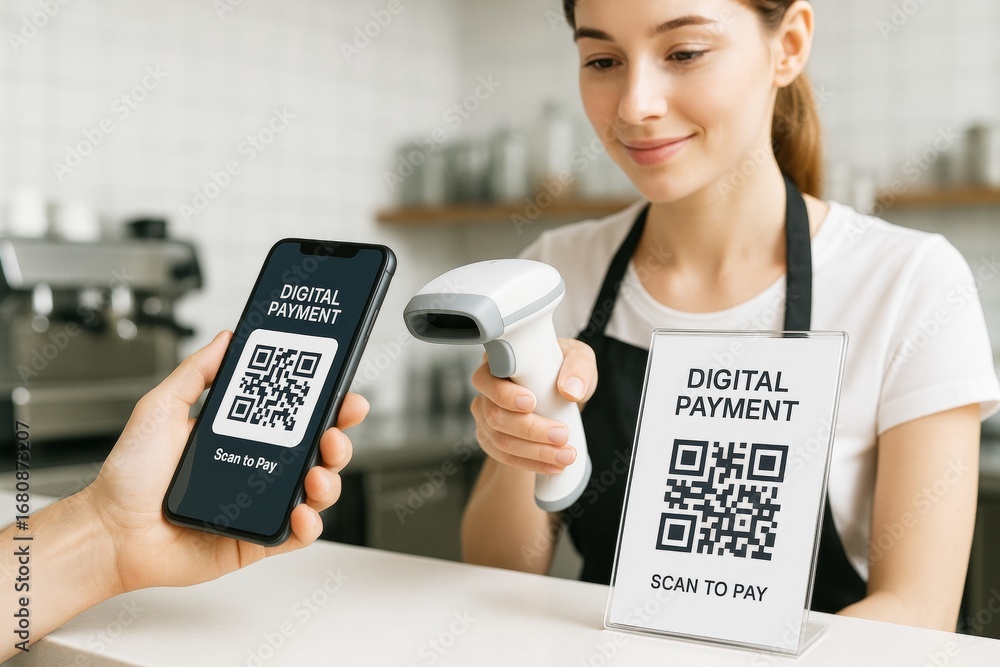 Poster digital payment via smartphone qr code at coffee shop counter with smiling barista holding a scanner