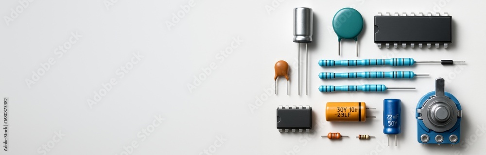 Poster assorted electronic components arranged on right side over white background with empty copy space on